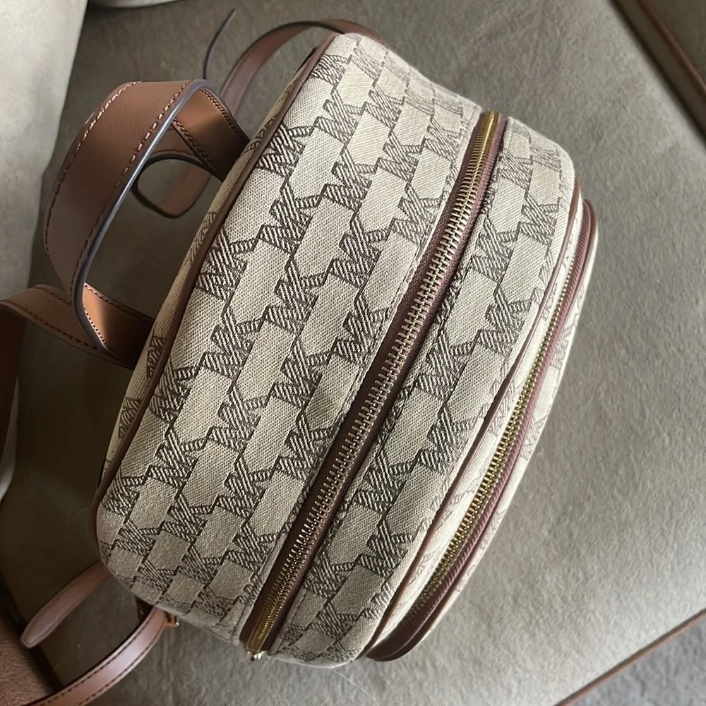 Brand New Michael Kors Logo Canvas Zippered Backpack w/ Gold Tone Accents